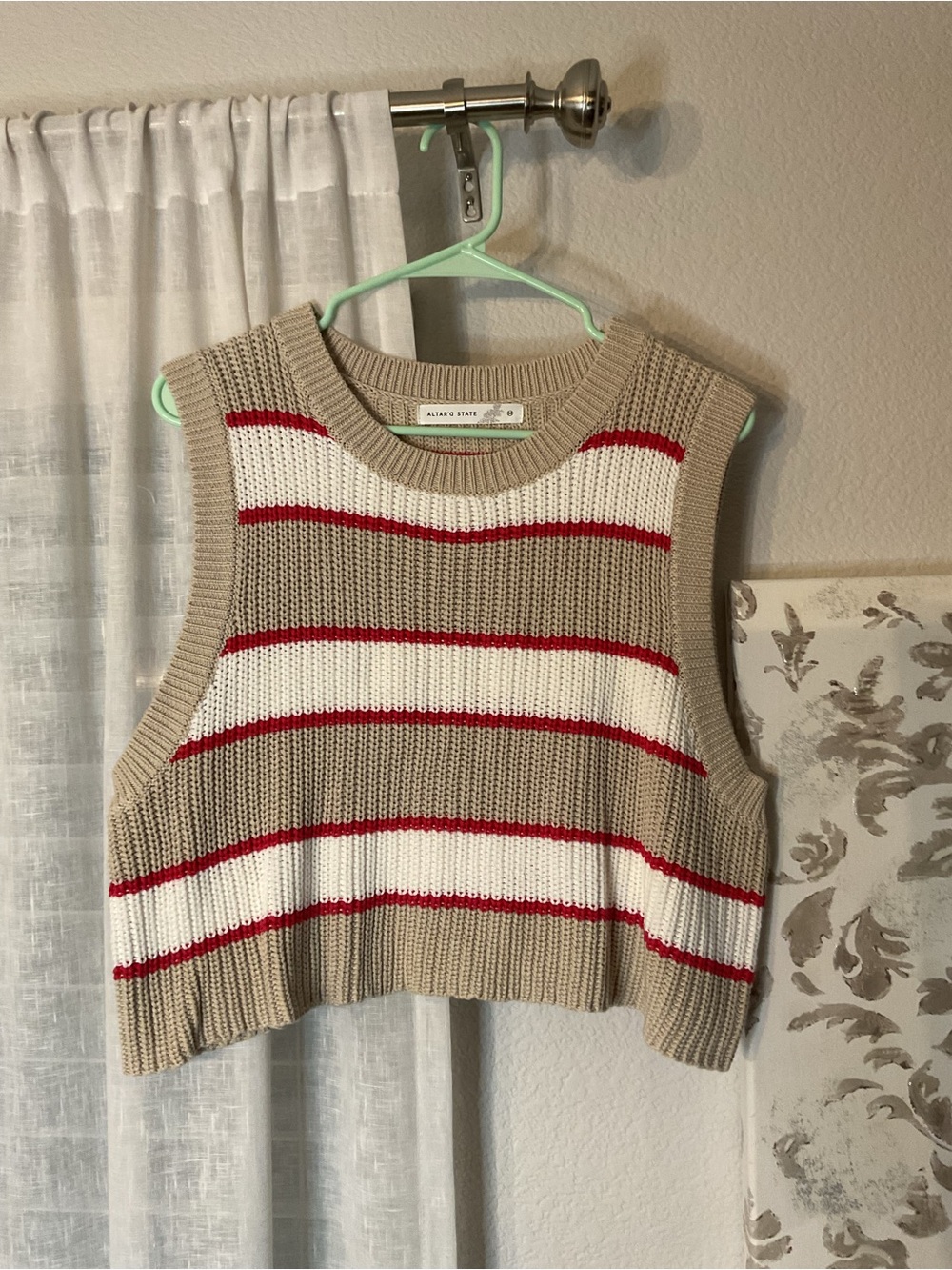 Altar'd State Striped Cropped Knit Tank - Taupe, White & Red